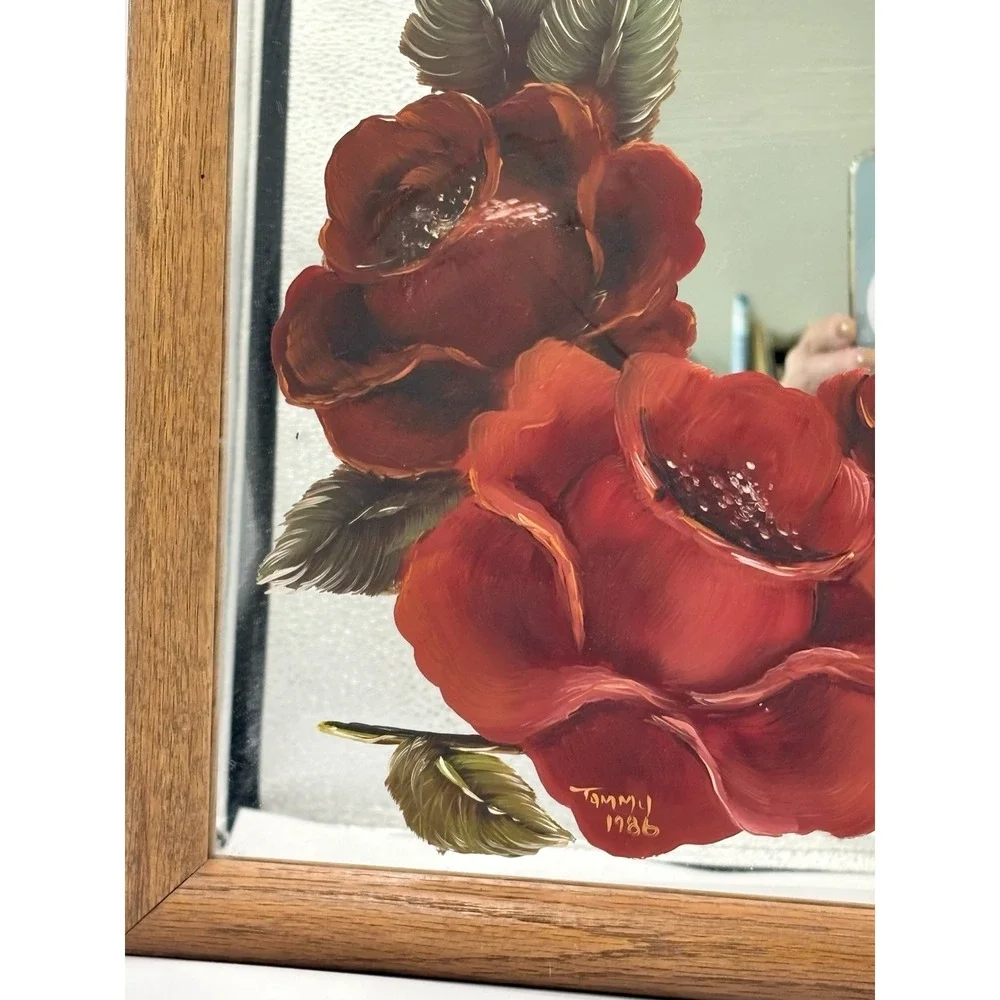 VTG Hand Painted, Red Rose Wood Framed Mirror Picture Flaw Read 13